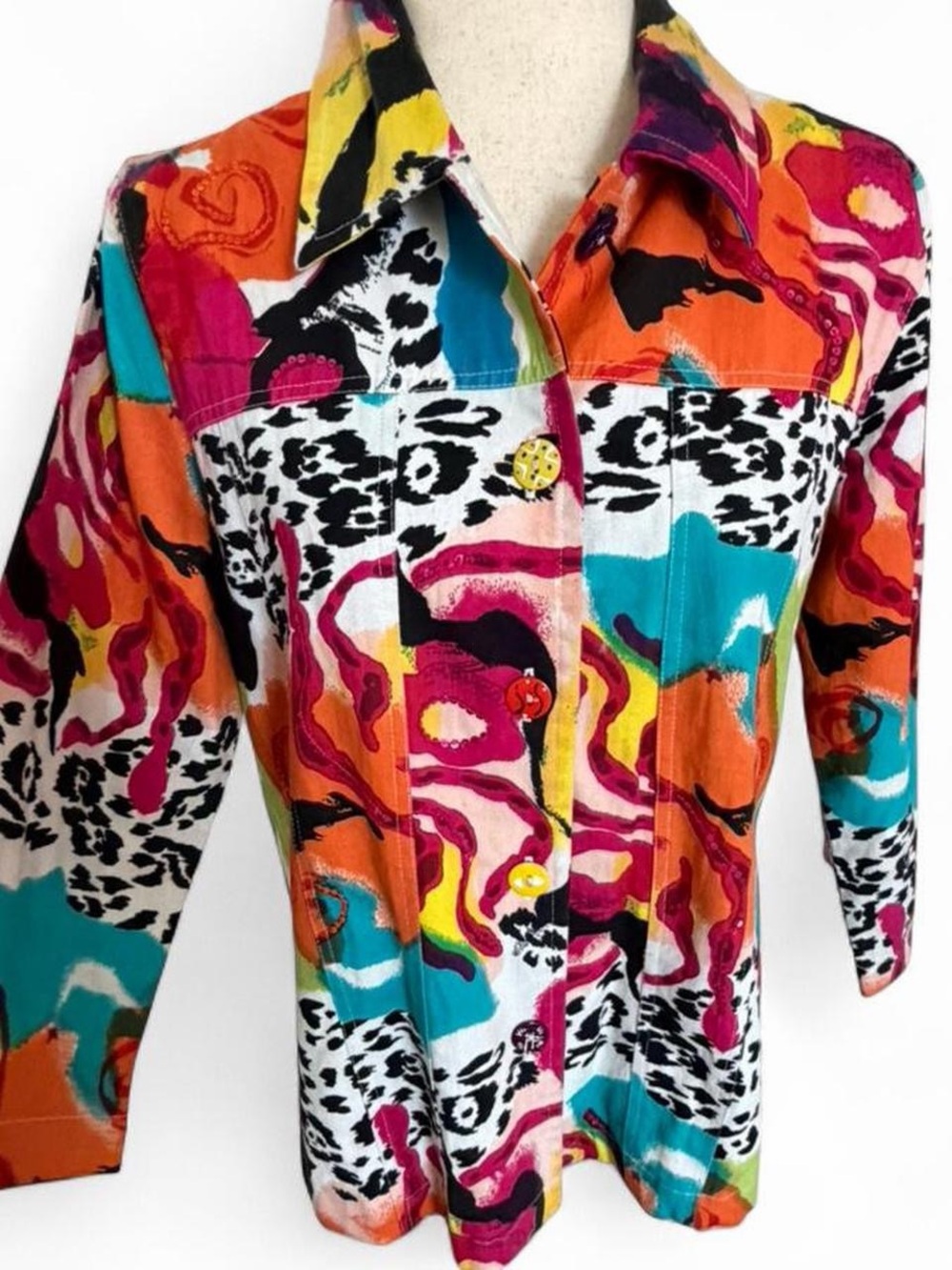 Y2K Vintage Choices Maximalist Colorful Print Sequin Top Jacket Medium Artsy